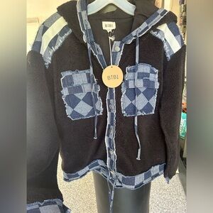 NWT BiBi Black Sherpa and Denim Checkered Jacket